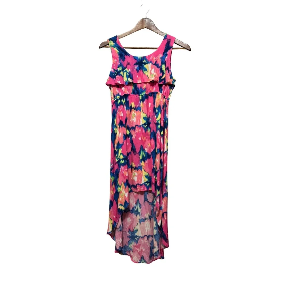 The Children's Place High Low Dress Girls XL 14 Pink Blue Ikat Excellent Ruffle - Picture 1 of 5